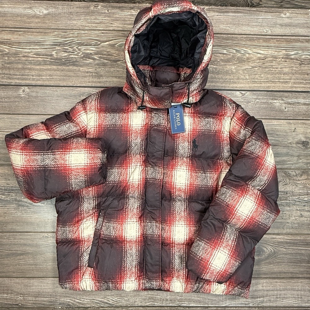 Polo Ralph Lauren Women Carly Down Jacket Red Plaid Winter Coat Size XXL NEW